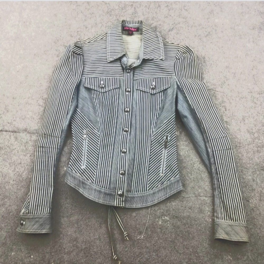 Betsey Johnson striped jacket with skull buttons and adjustable corset back
